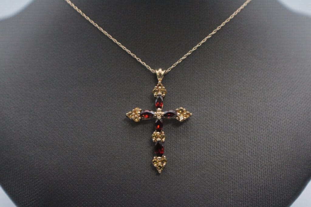 10K Garnet & Citrine Cross Pendant on a 10KY 18" Rope Chain