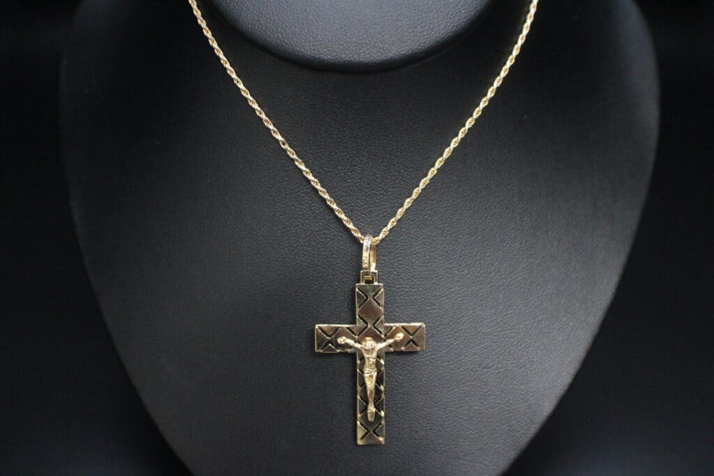14KY Crucifix Pendant on a 14KY Rope Chain 18"