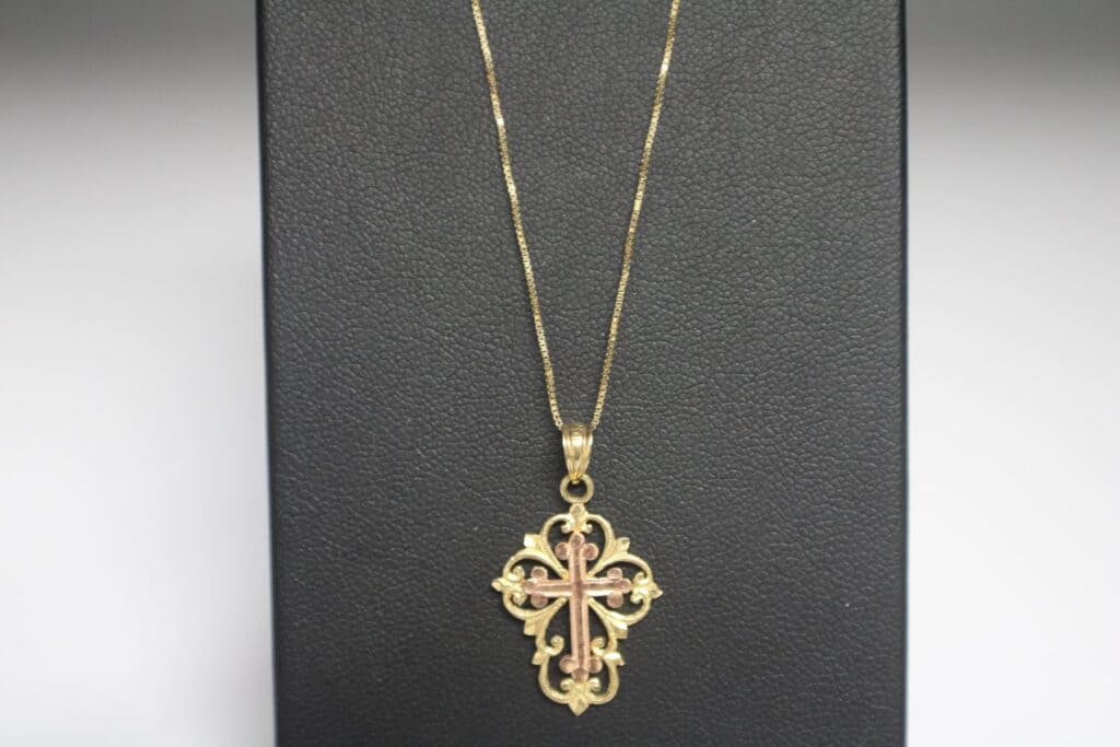14KY&R Ornate Cross Pendant on a 14KY Box Chain 18"